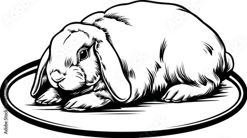 A detailed monochrome illustration of a rabbit, with lopped ears, sitting on an oval plate