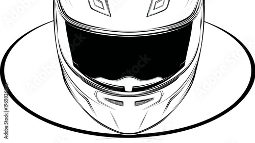 Black and white graphic of a motorcycle helmet, with the visor down. Outlined on white