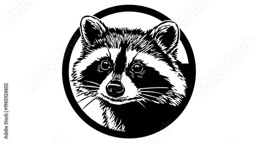 A black and white illustration of a raccoon's head within a solid black circular frame