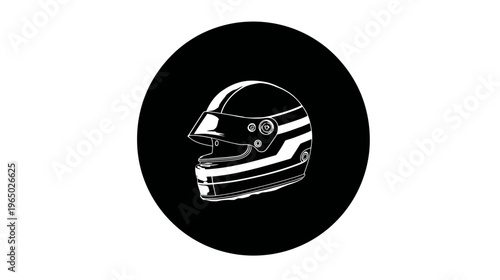 A white illustration of a racing helmet with a visor and stripes, set against a black circle