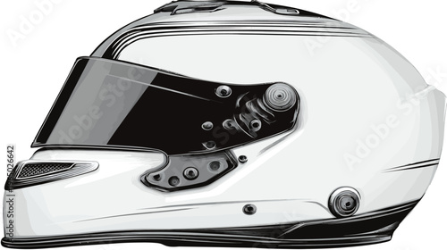 A detailed illustration of a white and black racing helmet with a tinted visor