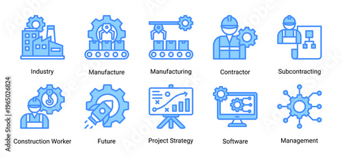 Construction industrial and execution icon set featuring manufacturing,contractor,workforce,and development strategy.Ideal for industrial and project execution concepts.