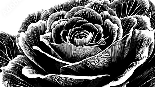 Intricate grayscale illustration of a rose, with detailed textures and contrasting light and shadows