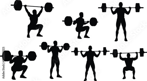 Weightlifting athlete silhouettes collection showing barbell squat clean jerk and overhead press strength training sport vector illustration isolated black set