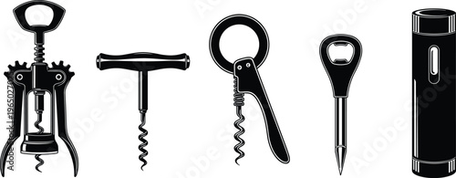 opener, corkscrew, bottle, tool, kitchen, bar, wine, accessory, metal, device, equipment, black, vector, illustration, design, icon, set, household, utility, flat