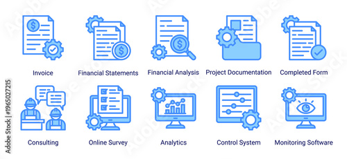 Construction finance and documentation icon set featuring invoice,analytics,reporting,and monitoring system.Ideal for business and financial management.