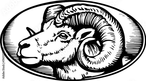 A black and white illustration of a ram's head inside an oval frame, with intricate shading