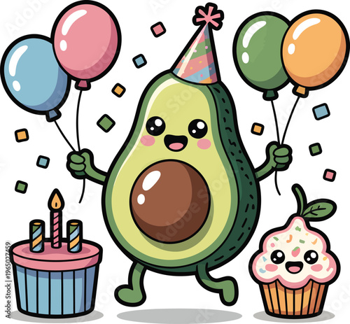 Celebratory avocado character with balloons and cupcakes, avocado, character, birthday, balloons, party, celebration, cute, cartoon, partyhat, festive, cupcake, food, illustration, happy, birthdaycake