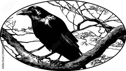 An illustrated black raven perched on a tree branch, enclosed in a oval frame