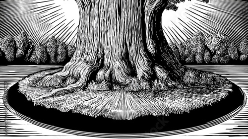 A detailed illustration of a majestic tree in a black and white scene with a radiant sky and trees in background