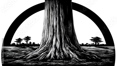 A grayscale illustration presents a monumental tree base, water & horizon, an arch