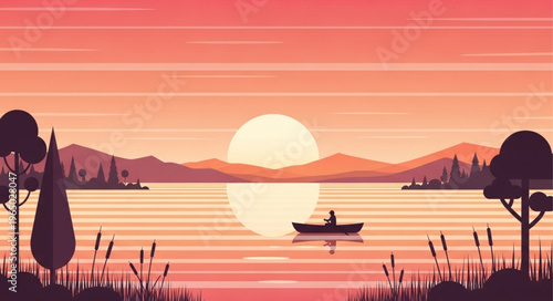 Sunset over serene lake scene.