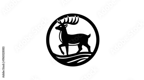 A silhouette of a deer within an oval, with curved lines at the bottom