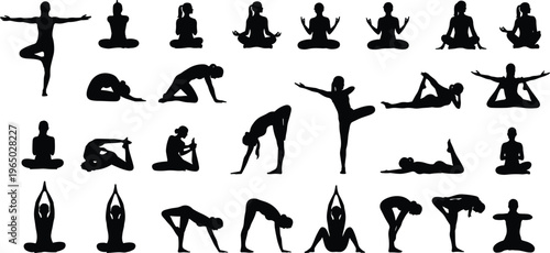 Yoga pose silhouettes collection performing meditation, stretching and balance exercises isolated vector set for fitness, wellness and healthy lifestyle design