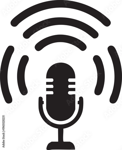 Microphone icon, wireless signal symbol, audio wave vector, podcast logo
