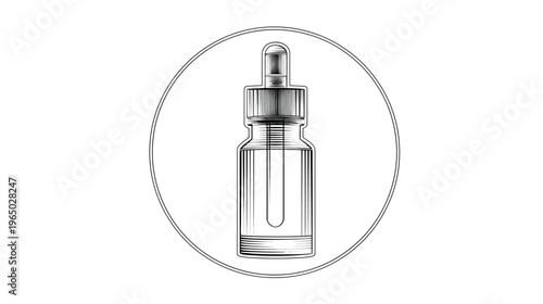 A detailed monochrome illustration of an essential oil dropper bottle inside a circle