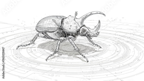 Intricate grayscale drawing of a rhinoceros beetle on a stylized, circular background with lines