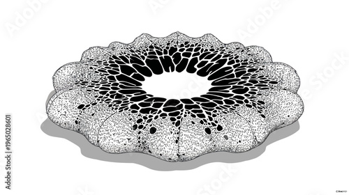 Artistic black and white rendering of a flower-like form with detailed textures,  a central hole, and shadow