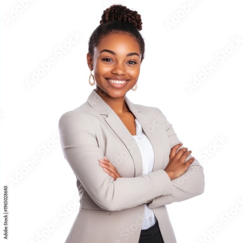 Young African American businesswoman portrait background crossed.