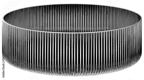 A simple, black-and-white illustration of an empty, cylindrical container with vertical stripes
