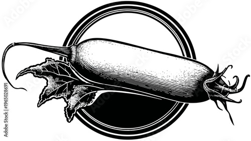 Black and white illustration of a root vegetable with leaves, stylized within a circular frame