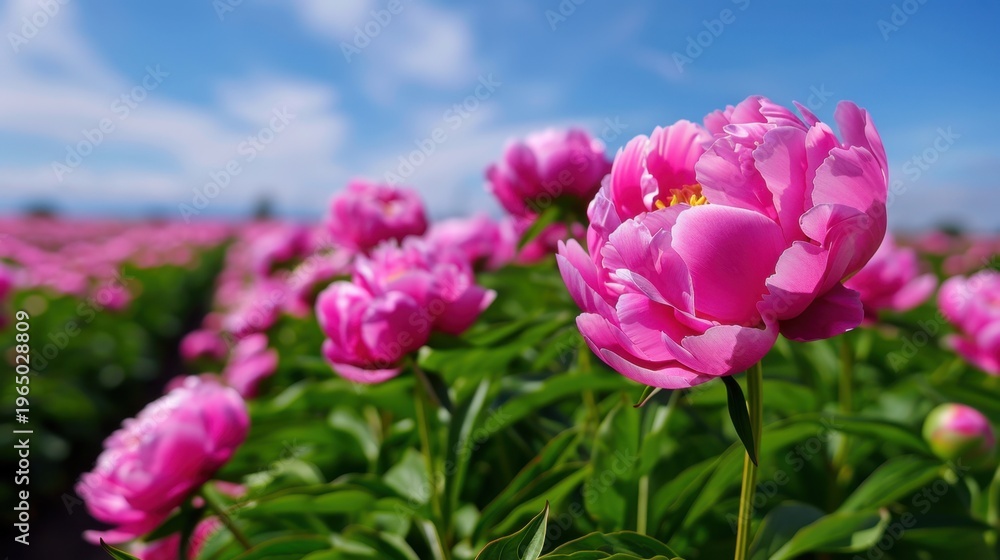 Obraz premium Bright Pink Peonies Blooming in Green Field Under Blue Sky with Fluffy Clouds