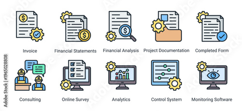 Construction finance and documentation icon set featuring invoice,analytics,reporting,and monitoring system.Ideal for business and financial management.