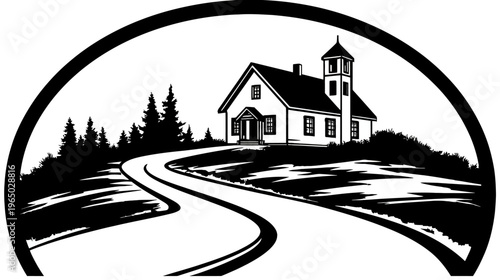 Black and white vector illustration of a road leading to a church, framed by a curved outline