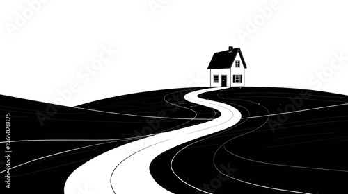 A winding road leads to a house atop a hill, rendered in contrasting black and white lines