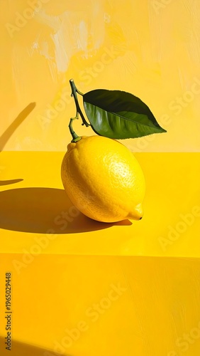 A still life of a single lemon with a leaf on a yellow surface