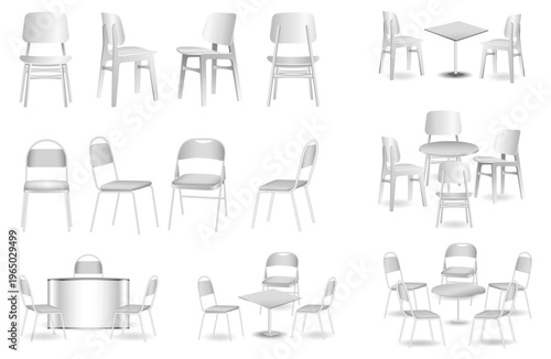 Collection of modern lounge armchairs and round coffee tables shown from multiple angles and perspectives. Minimal contemporary furniture set commonly used in living rooms, hotel lobbies, offices,  