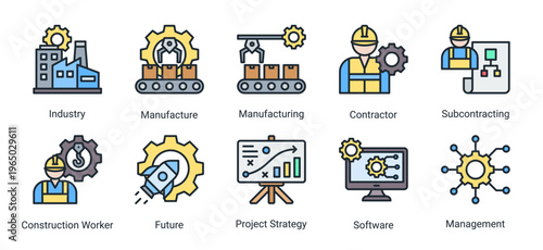 Construction industrial and execution icon set featuring manufacturing,contractor,workforce,and development strategy.Ideal for industrial and project execution concepts.