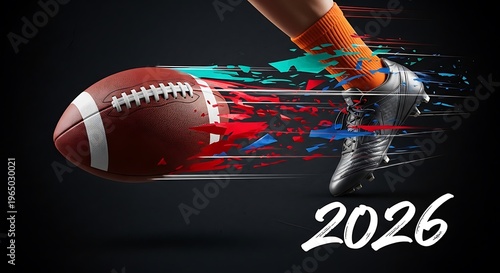 Dynamic american football kick with motion blur and colorful shattering effects, conceptual sports imagery for the year 2026