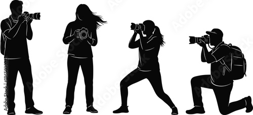 Silhouettes of photographers capturing moments with their cameras in various poses.