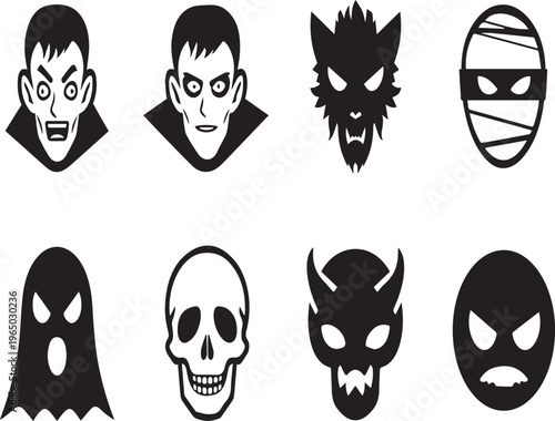 Halloween icons set with monster silhouettes on transparent background