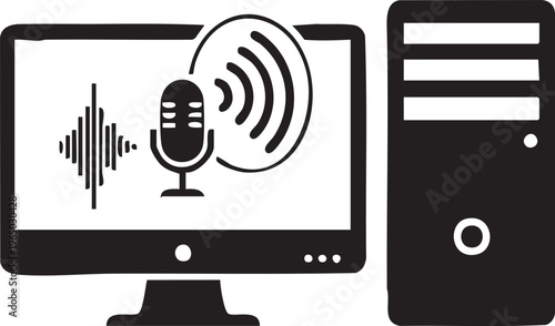 Podcast, microphone, computer, audio wave vector icons, sound recording, voice broadcasting