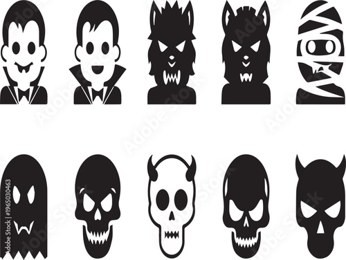 Halloween icons set including vampire, Werewolf, Mummy, Ghost, Skull on transparent background