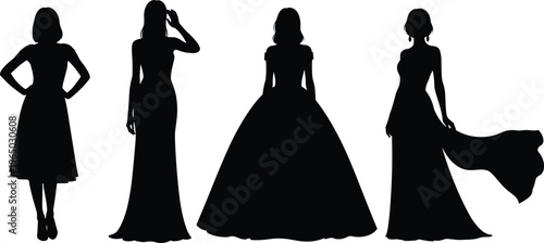 Silhouettes of women in elegant dresses for fashion show.