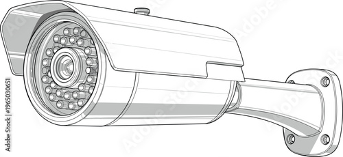 Wireframe drawing of a bullet security camera with ir leds and wall mount.