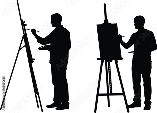 Silhouettes of two artists painting on easels with palettes and brushes on transparent background.