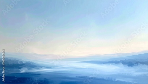 Minimalist abstract landscape painting of foggy blue mountains and soft morning sky