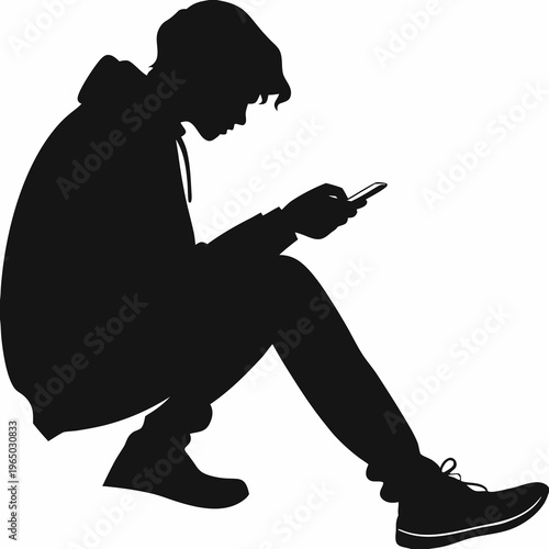 Black silhouette of a person sitting, looking at phone, vector illustration, modern lifestyle