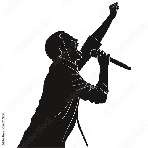 Screaming man, microphone silhouette, black and white illustration, dramatic performance