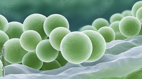 Microscopic view of green bacteria spheres.
