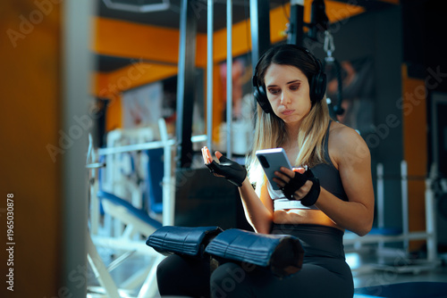 Woman Wearing Headphones checking her Phone in Between Sets. Gym girl being distracted by her phone taking too long breaks to check notification
