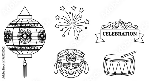 Collection of Festive Symbols for Celebrations Lantern, Fireworks, Ribbon, Mask, and Drum