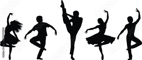 Silhouettes of five ballet dancers in graceful poses, diverse positions on a transparent background.