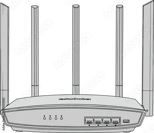 Wireframe illustration of modern internet router with external antennas and network ports on transparent background.