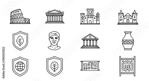 Collection of historical and cultural icons including landmarks, artifacts, and emblems of heritage