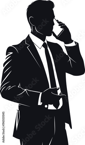 Silhouette of businessman talking on phone and gesturing.